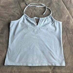 Y2K Arizona Jeans Company baby blue halter crop top floral embroidery size large